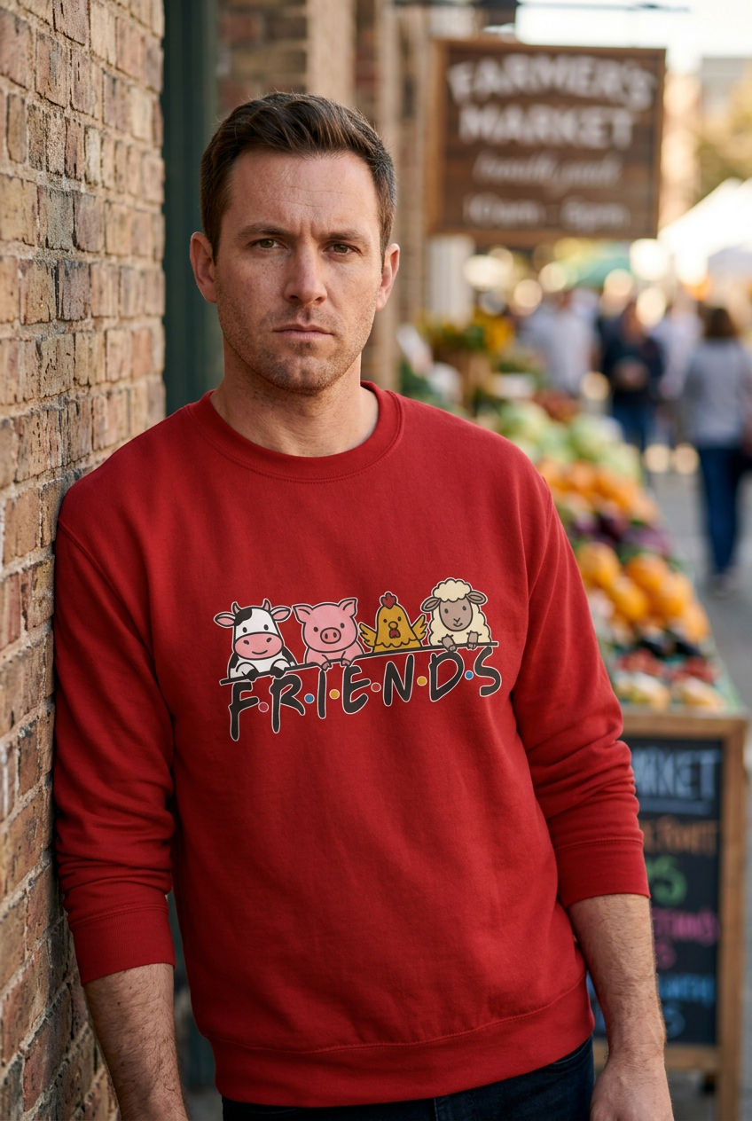 Model wearing Cardinal FRIENDS vegan premium sweatshirt