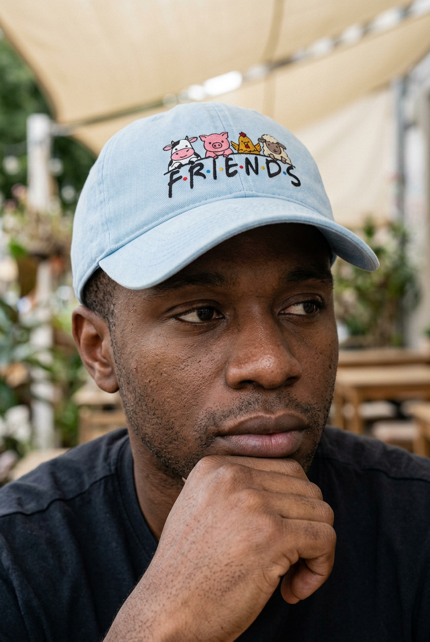Model wearing Chambray FRIENDS vegan embroidered sunwashed cap