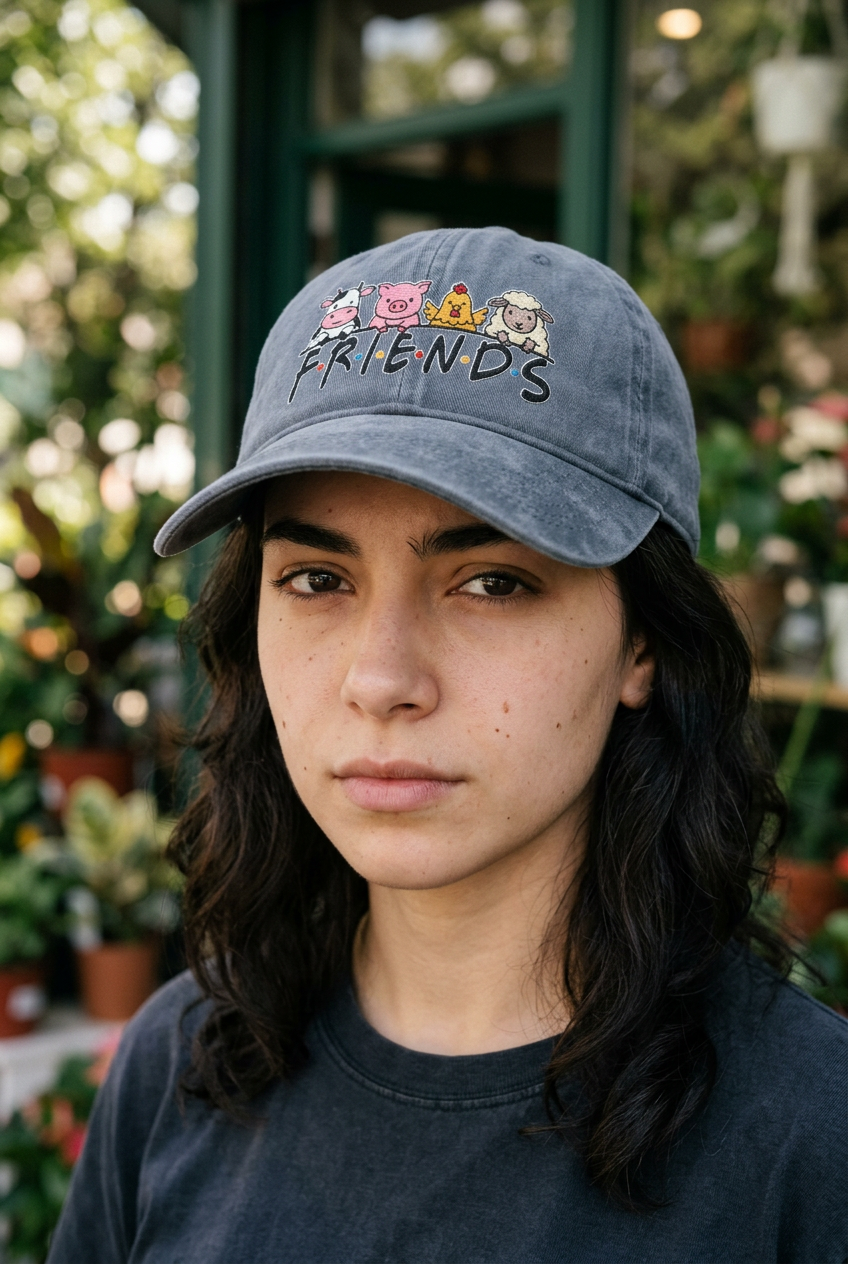 Model wearing Denim FRIENDS vegan embroidered sunwashed cap