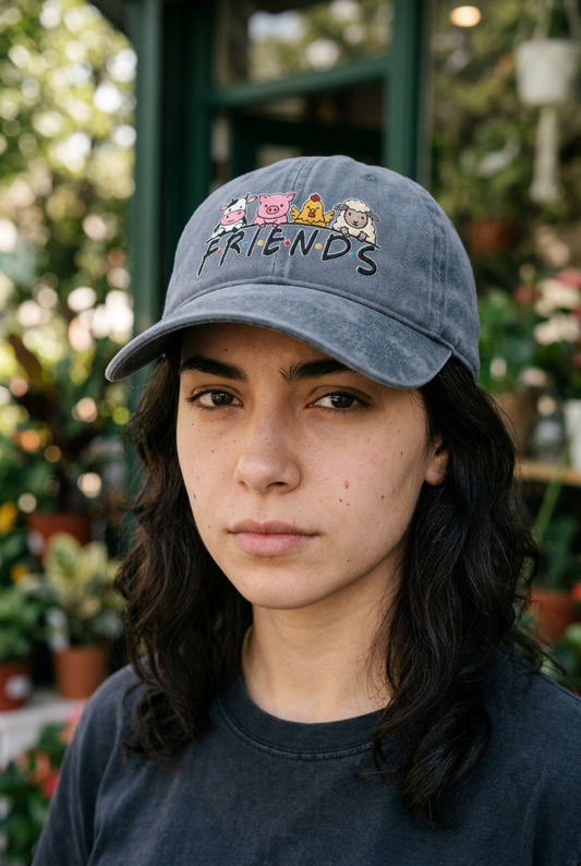 Model wearing Denim FRIENDS vegan embroidered sunwashed cap
