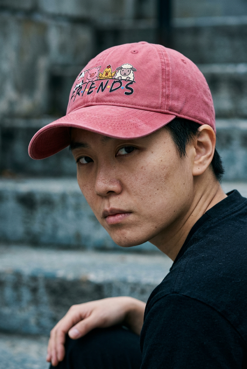 Model wearing Crimson FRIENDS vegan embroidered sunwashed cap