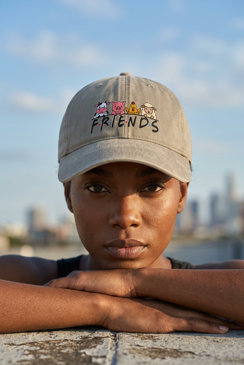 Model wearing Sandstone FRIENDS vegan embroidered sunwashed cap