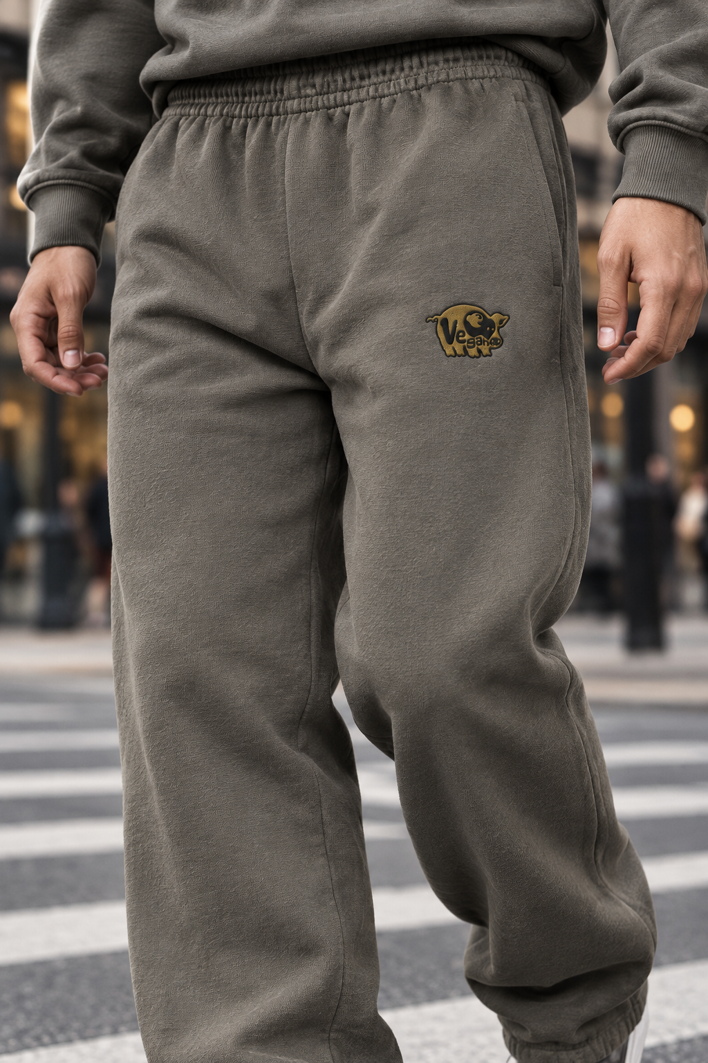 Model walking in asphalt heavyweight vegan pig embroidered sweatpants on a city street