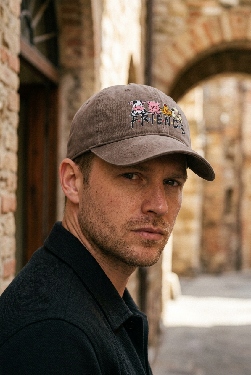 Model wearing Espresso FRIENDS vegan embroidered sunwashed cap