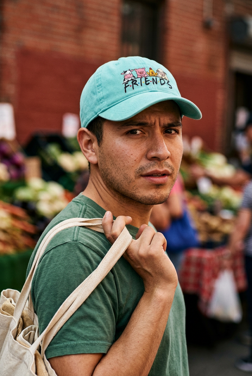 Model wearing Chalky Mint FRIENDS vegan embroidered sunwashed cap