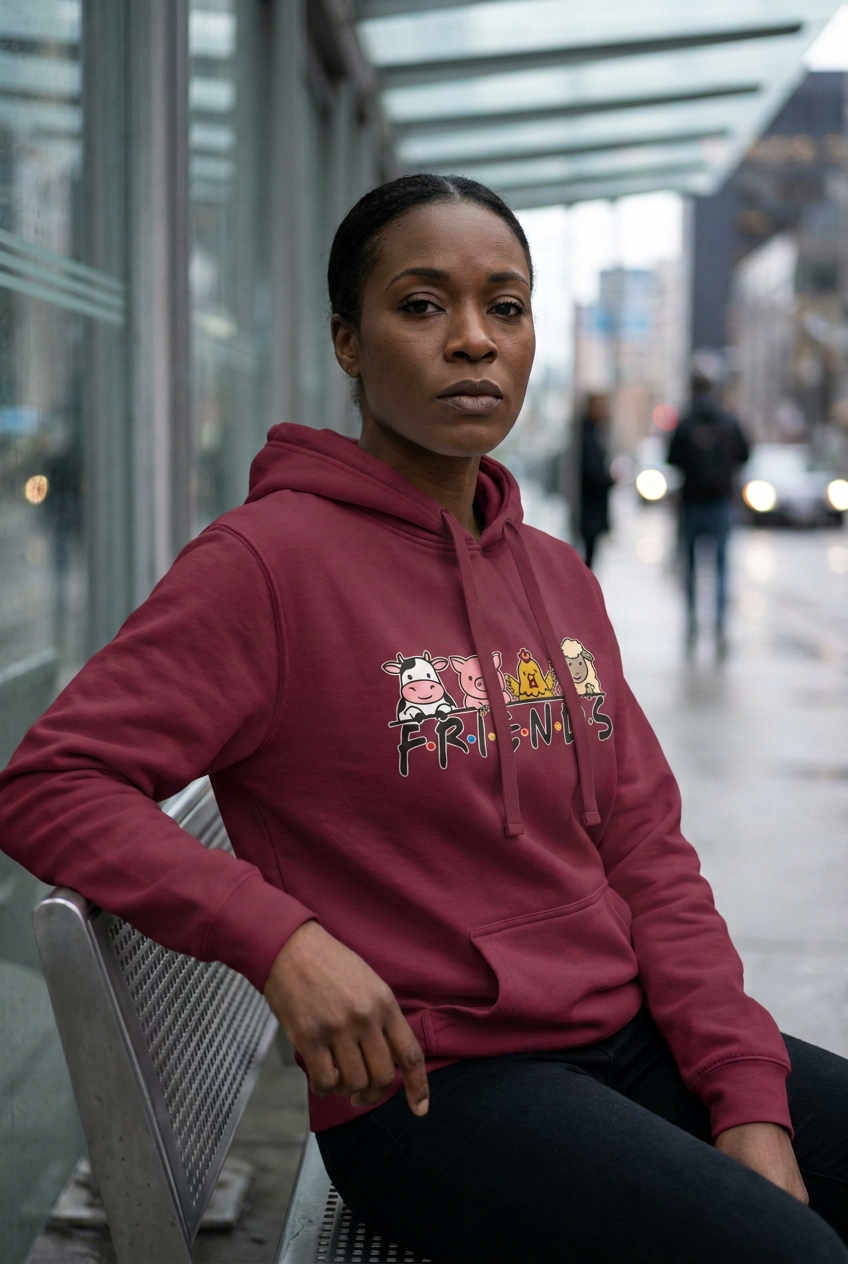 Model wearing Maroon FRIENDS vegan pullover hoodie with matching flat drawstrings at a transit bench