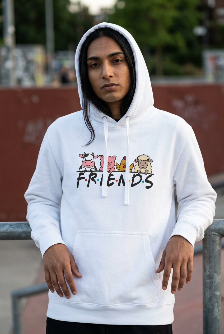 Model wearing White FRIENDS vegan pullover hoodie at an urban skate spot