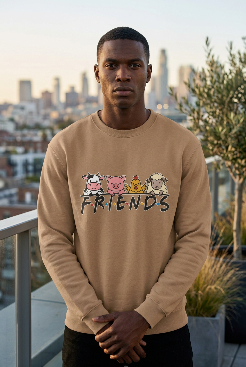 Model wearing Latte FRIENDS vegan premium sweatshirt