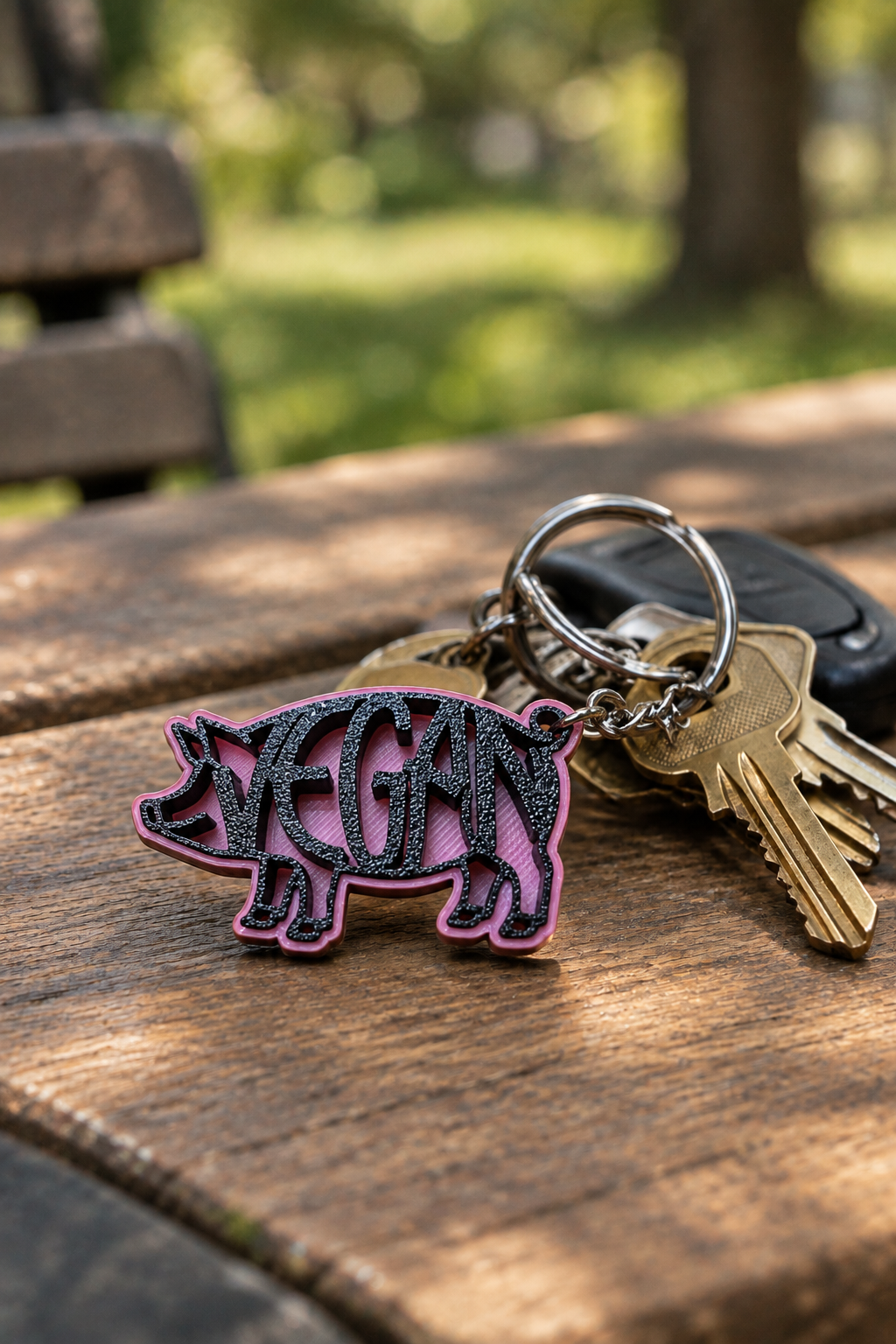 Pink/black VEGAN pig keychain on a park bench