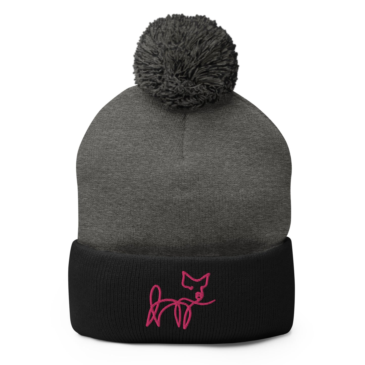 VEGAN " Calligraphy Pig" Embroidered Pom-Pom Beanie