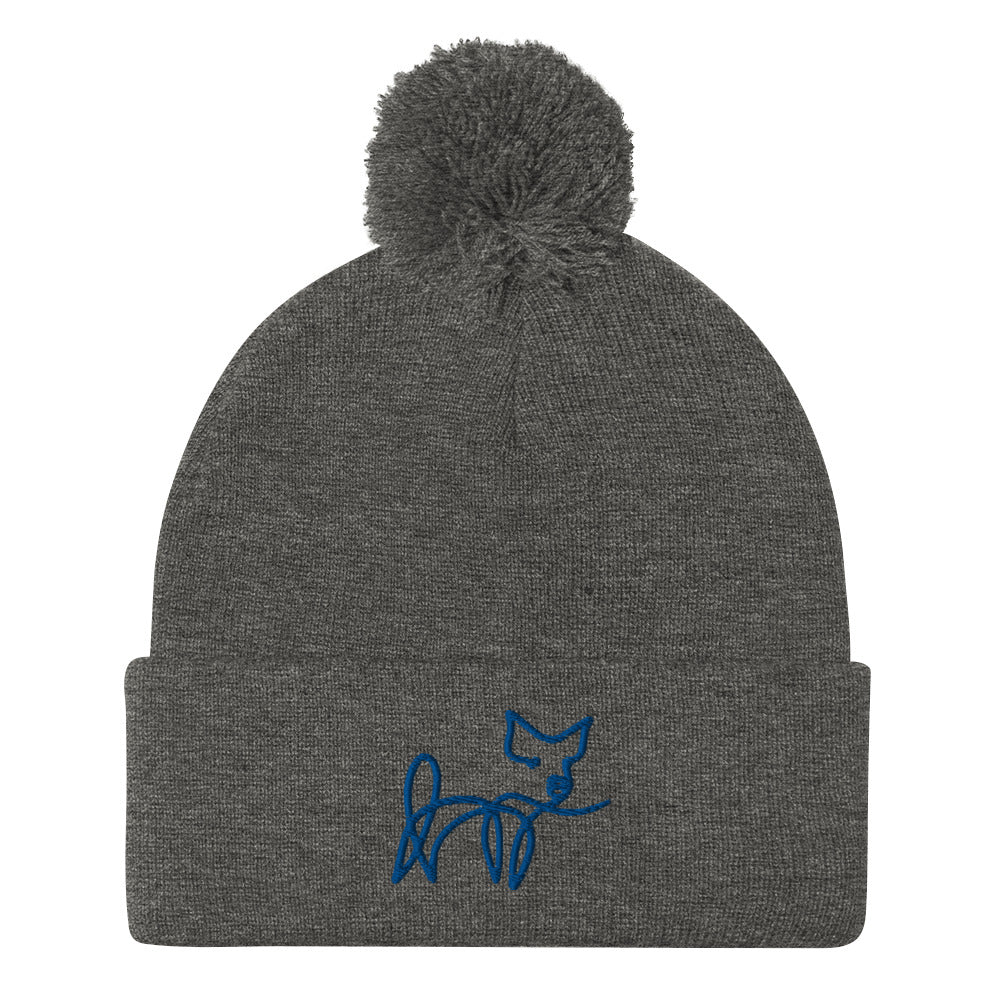 VEGAN " Calligraphy Pig" Embroidered Pom-Pom Beanie