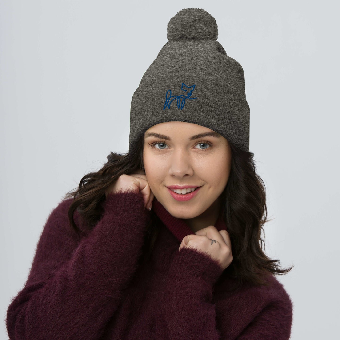 VEGAN " Calligraphy Pig" Embroidered Pom-Pom Beanie