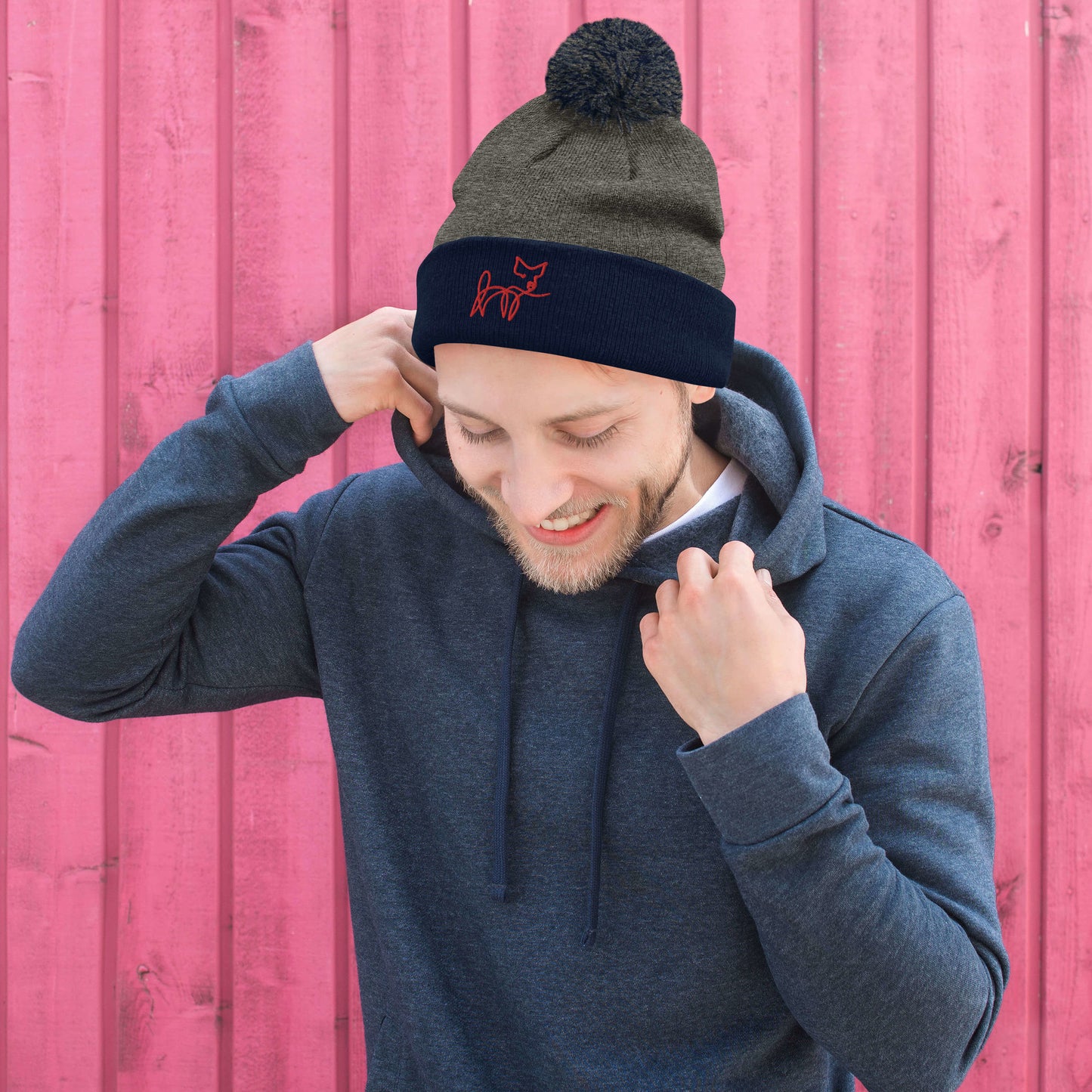 VEGAN " Calligraphy Pig" Embroidered Pom-Pom Beanie