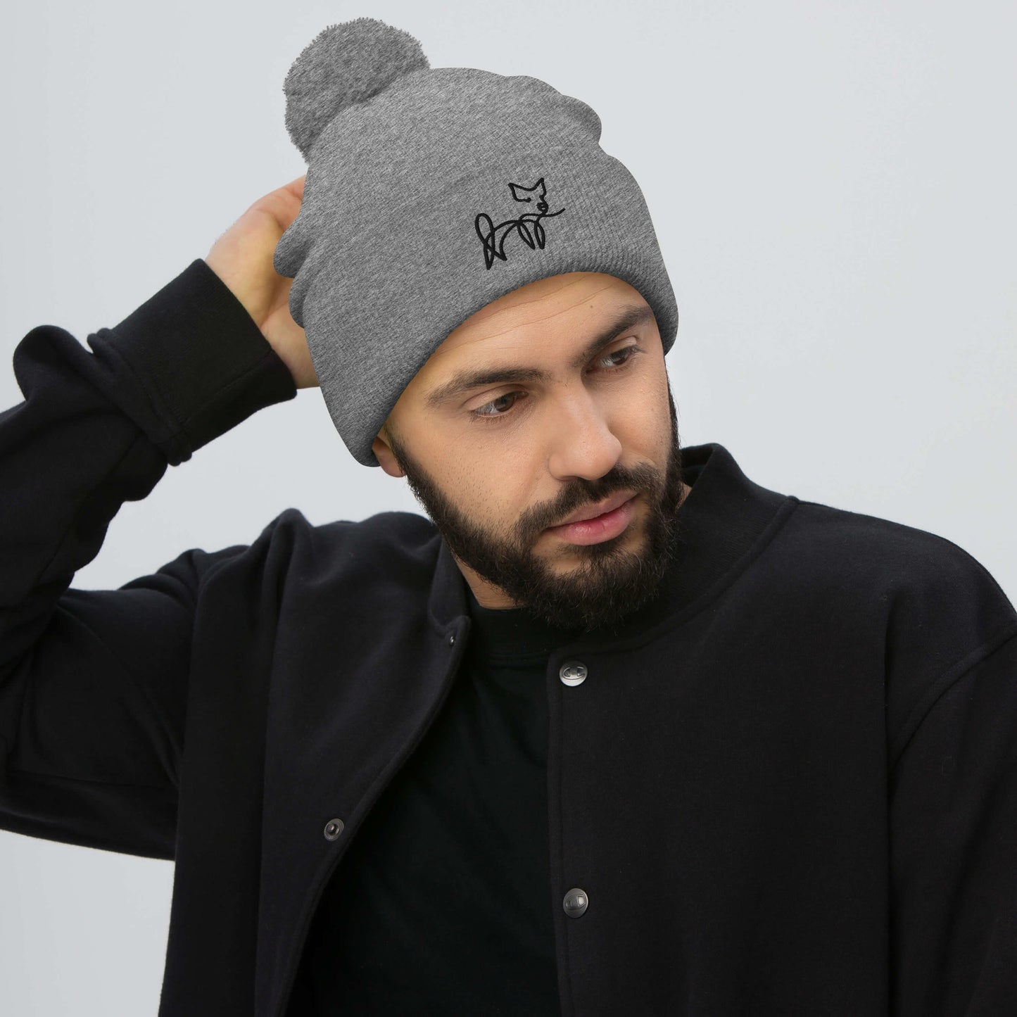 VEGAN " Calligraphy Pig" Embroidered Pom-Pom Beanie