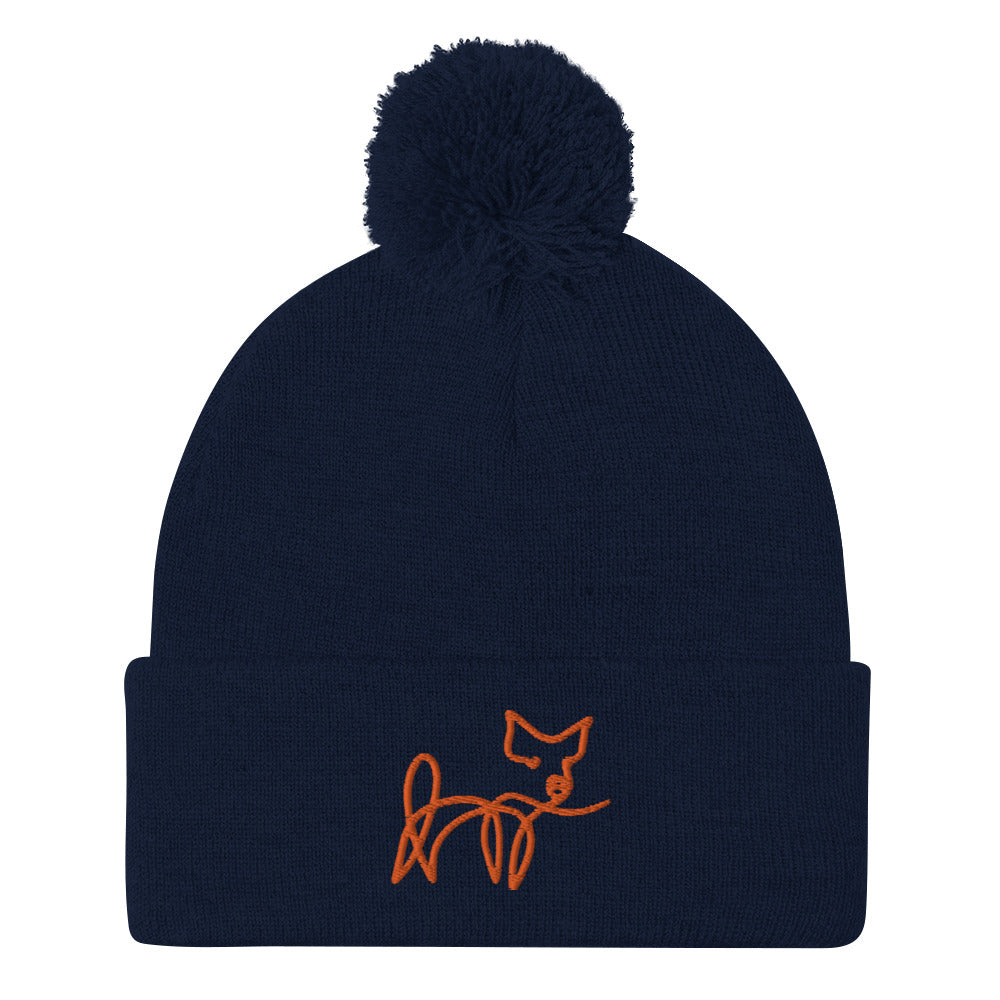 VEGAN " Calligraphy Pig" Embroidered Pom-Pom Beanie