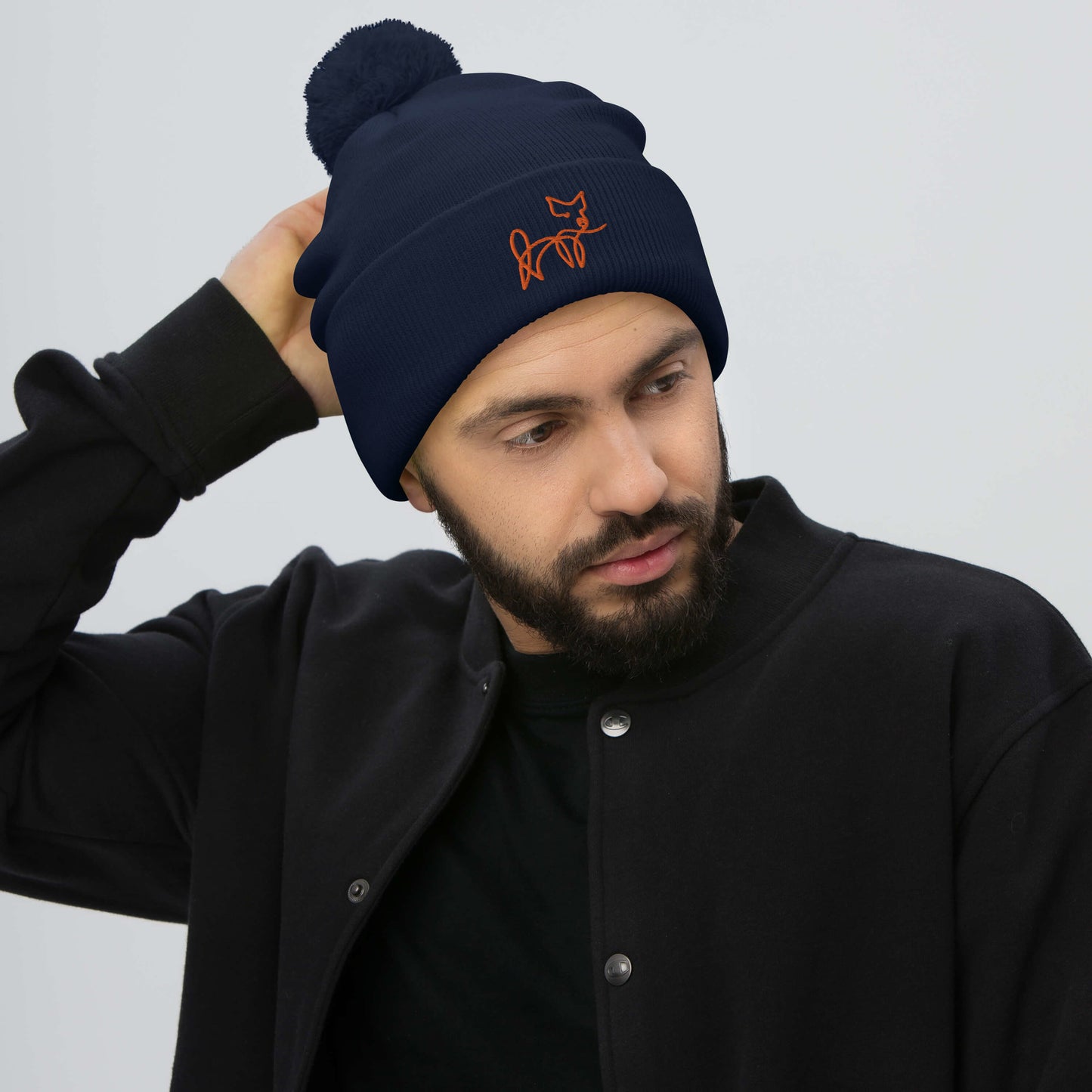 VEGAN " Calligraphy Pig" Embroidered Pom-Pom Beanie