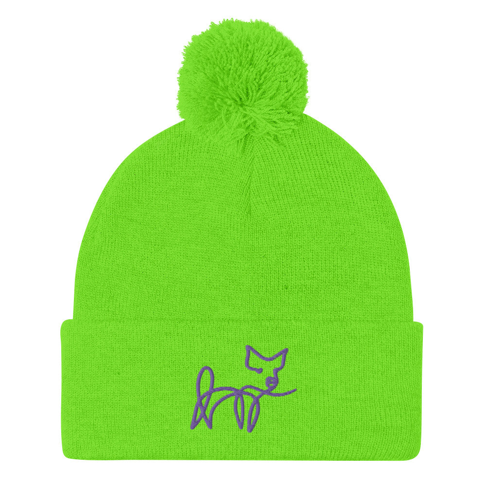 VEGAN " Calligraphy Pig" Embroidered Pom-Pom Beanie