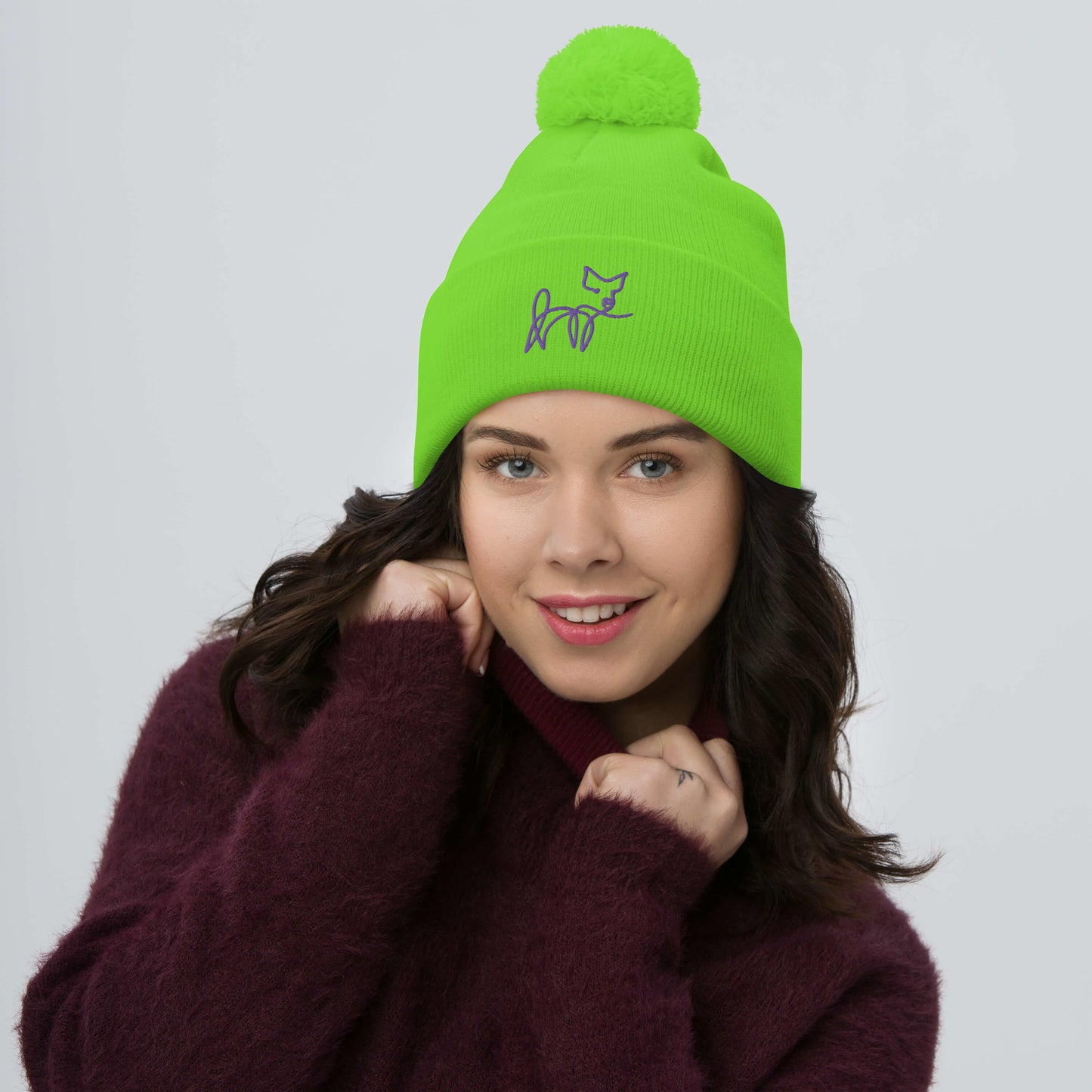 VEGAN " Calligraphy Pig" Embroidered Pom-Pom Beanie