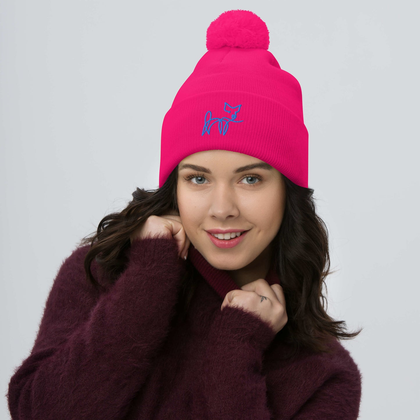 VEGAN " Calligraphy Pig" Embroidered Pom-Pom Beanie