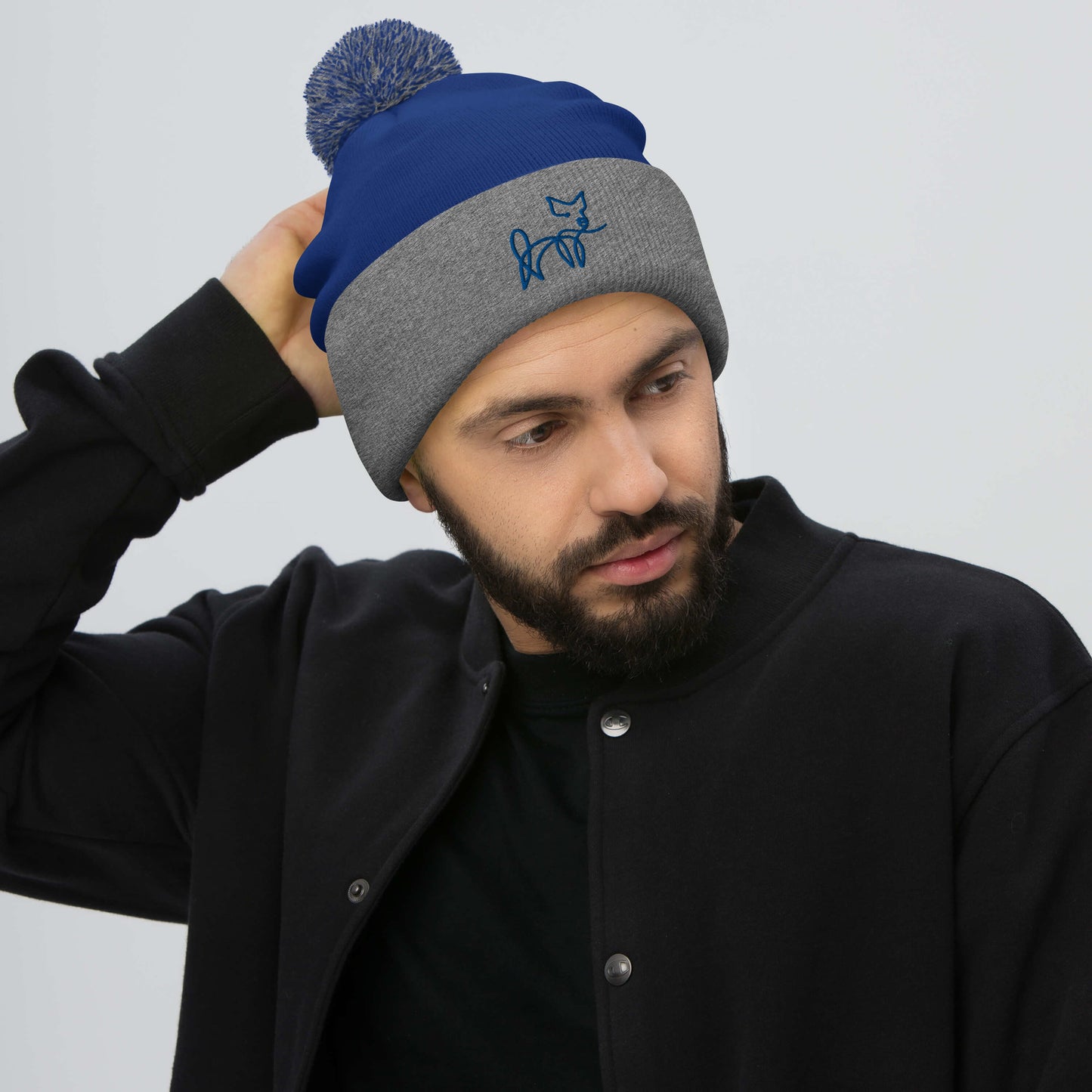 VEGAN " Calligraphy Pig" Embroidered Pom-Pom Beanie