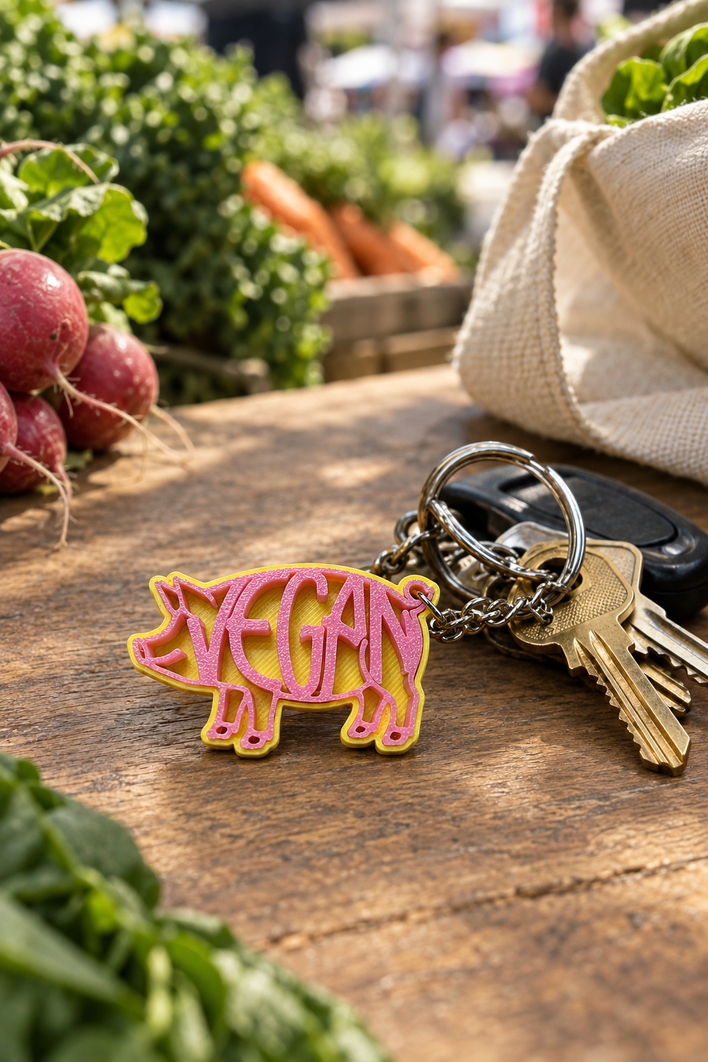 Yellow/pink VEGAN pig keychain at farmers market